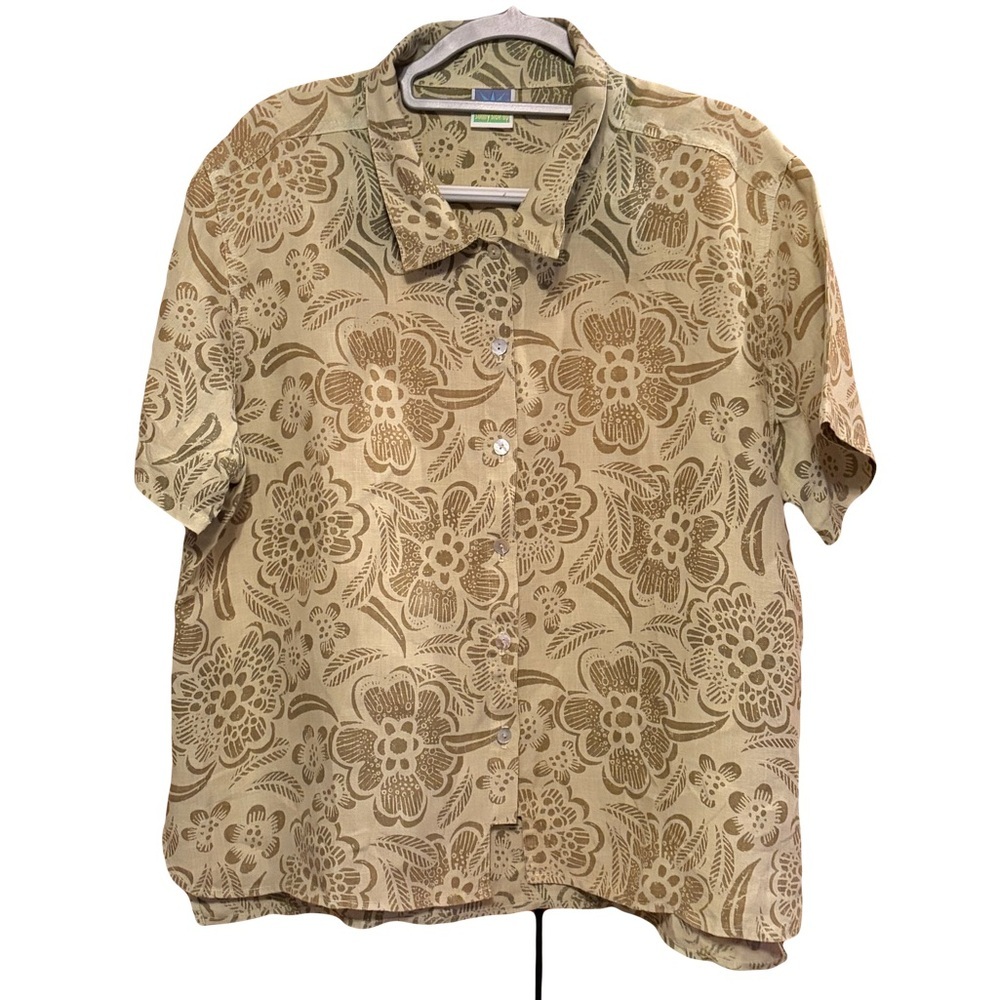 Sunny Side Up women’s linen Floral Tan & green Button Down short sleeve  XL